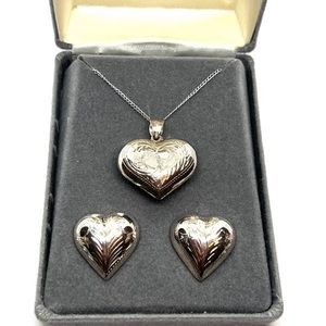 925 sterling silver set puff heart earrings and necklace